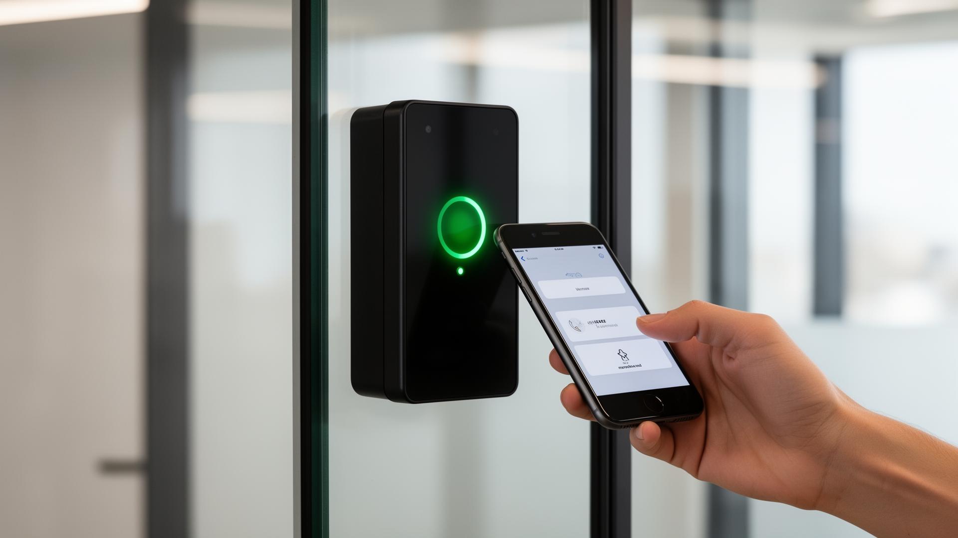 Mobilnyckel mot kortläsare vid kontorsdörr