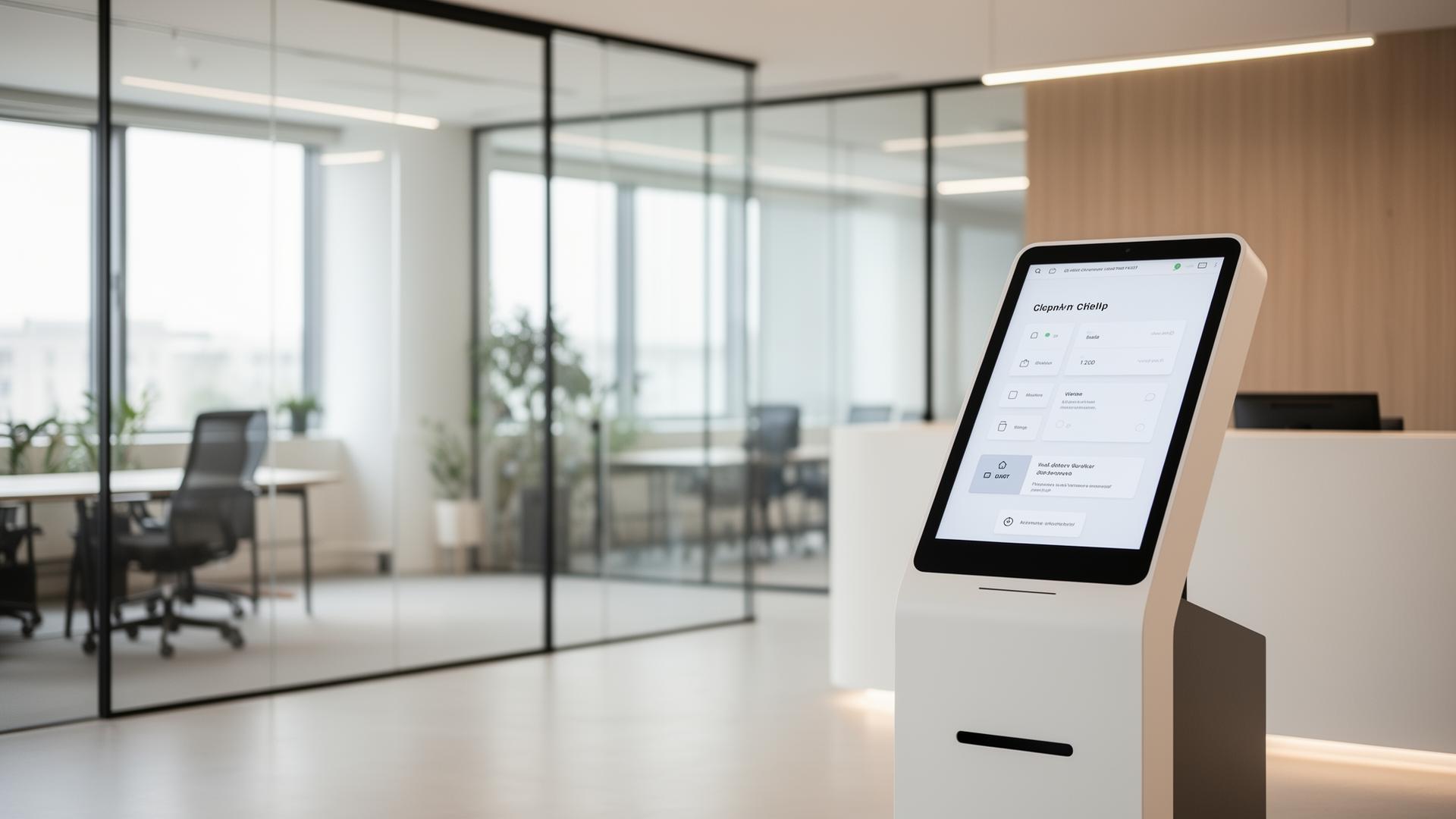 Självservice-kiosk för besökare i en modern reception